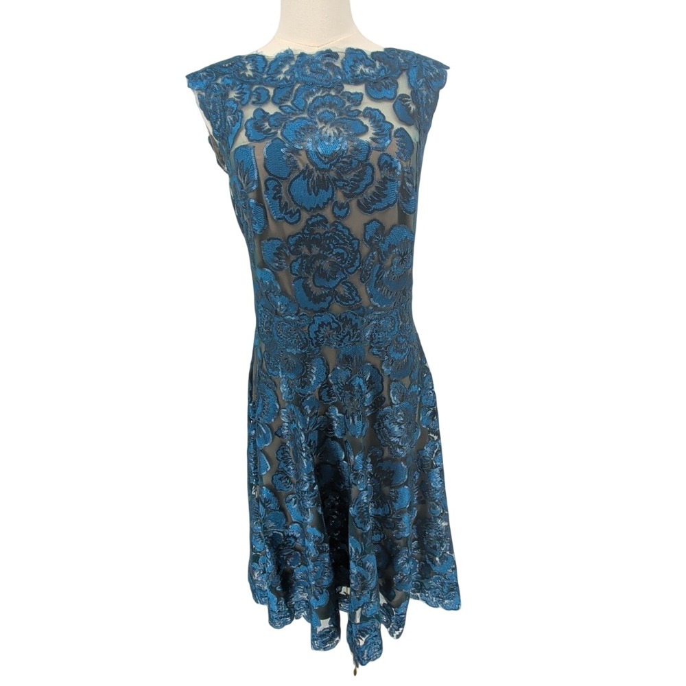 Tadashi Shoji Size 10 Blue Floral Sequin Lace Illusion Fit Flare Midi Dress